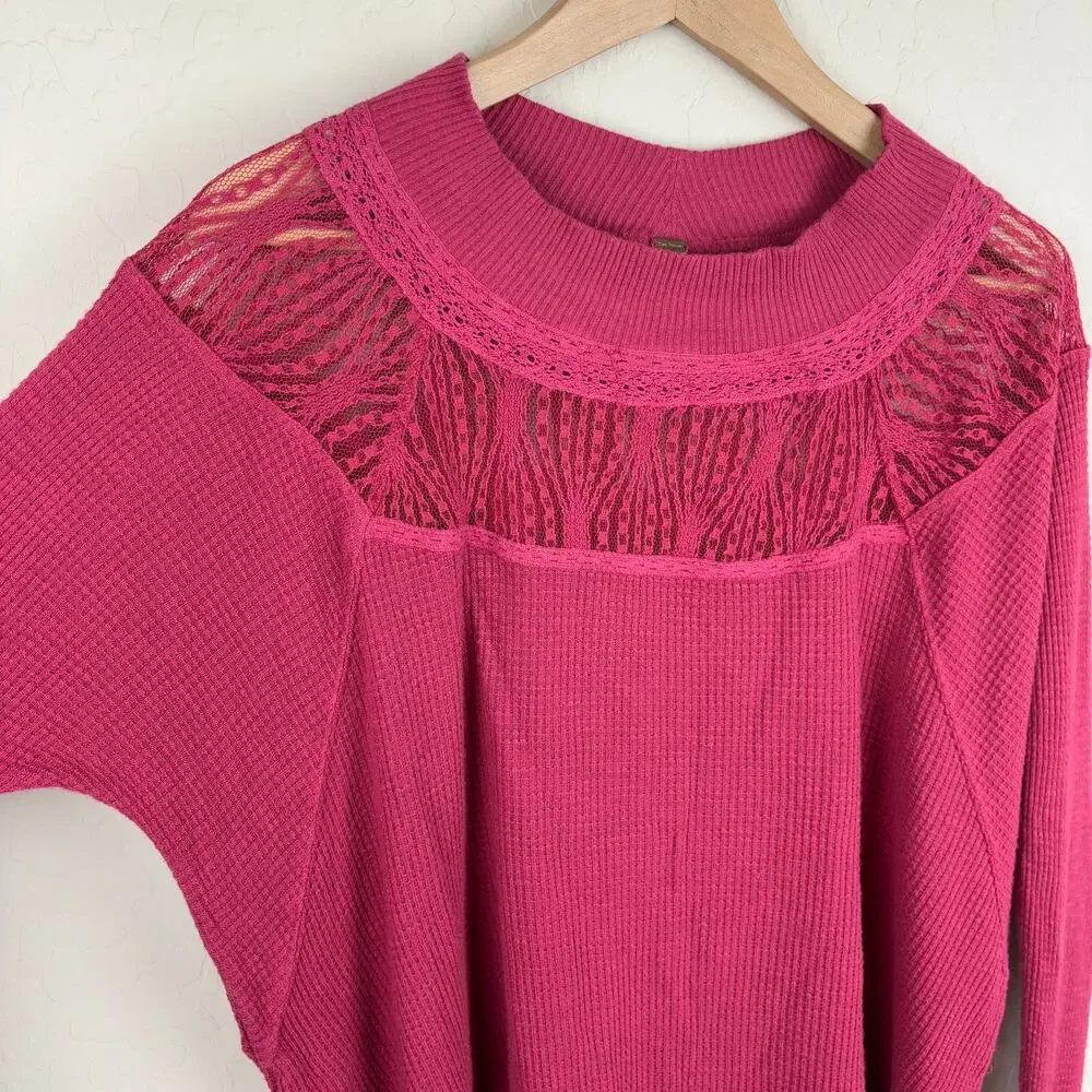 Free People Spring Valley Long Sleeve Thermal Top Red Womens Size S Lace Boho